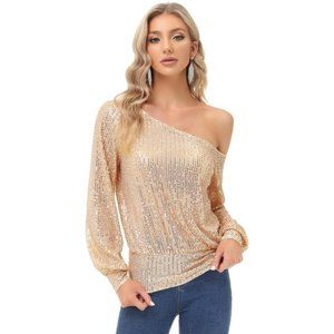 Sparkly Top for Women Sequin Top One Shoulder Long Sleeve Tops